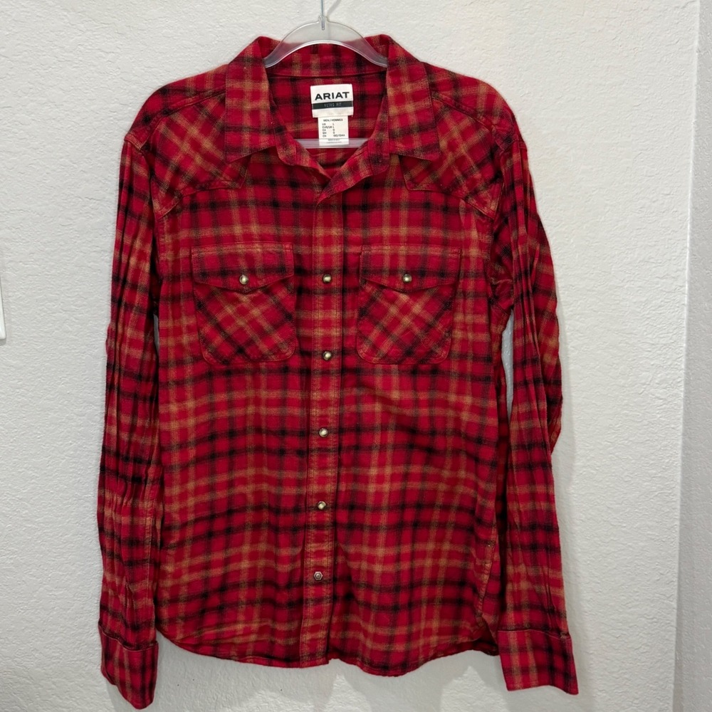 Ariat Mens Retro Fit Red Plaid Western Pearl Snap Front Flannel Shirt Rodeo Sz L